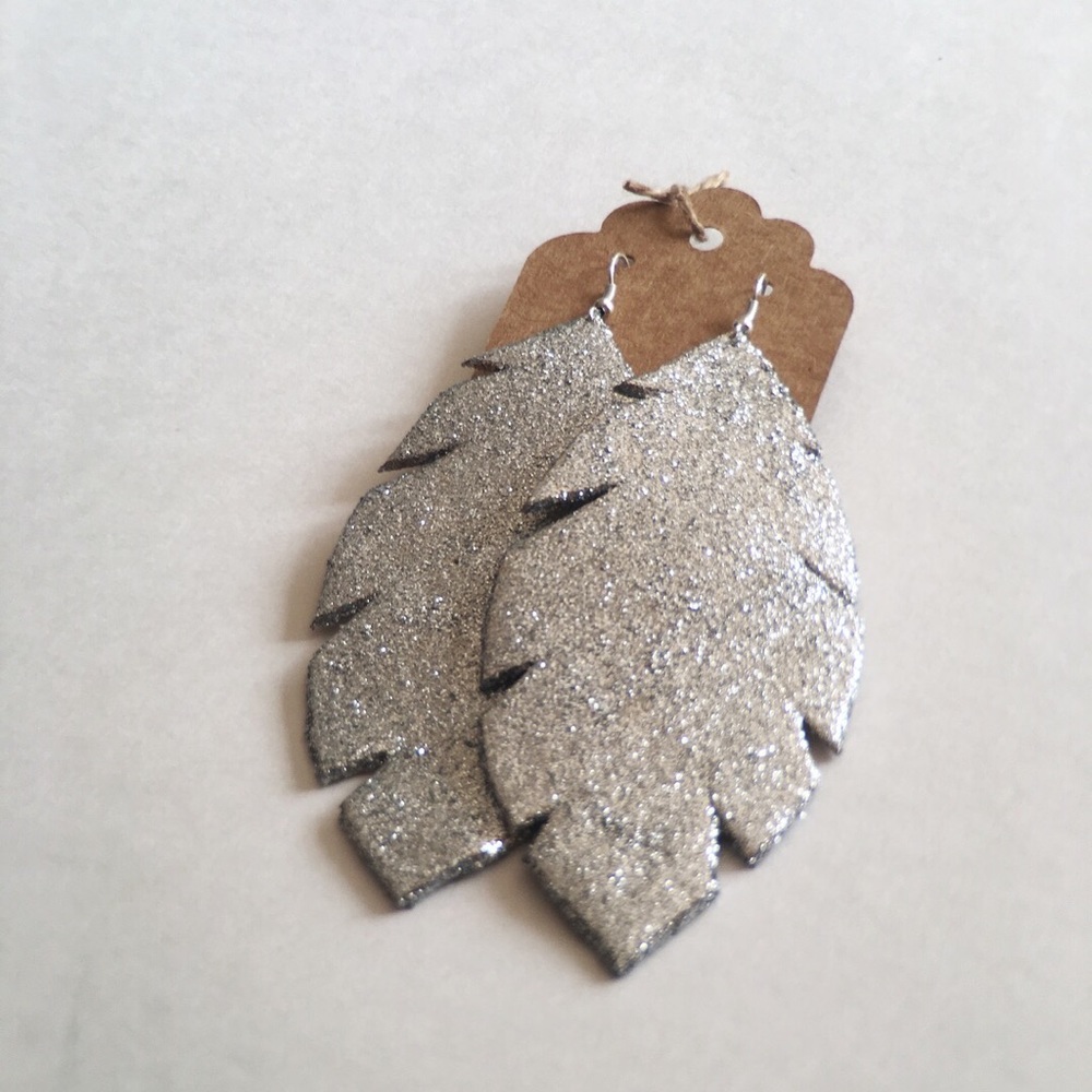 Silver Sparkly Glitter Leather Feather Earrings